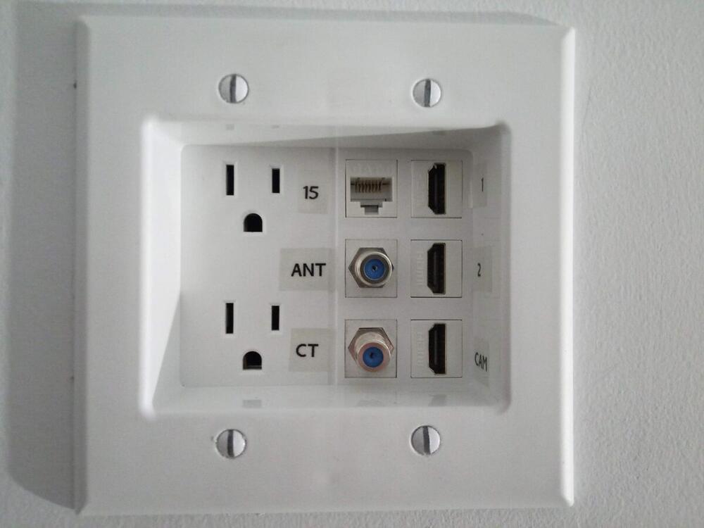 Custom multi-media wall plate with Ethernet data port HDMI and coaxial connections for new home